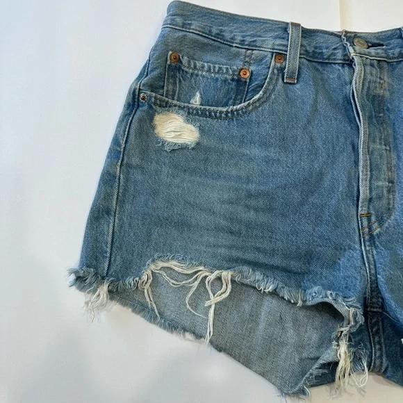 Levi's Classic 501 Blue Distressed Jean Shorts - Picture 3 of 11